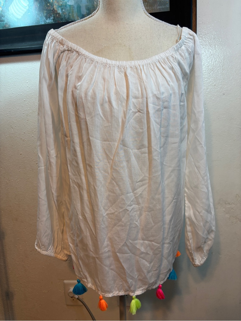 Lilly Pulitzer White Off-Shoulder Top with Multicolor Tassels